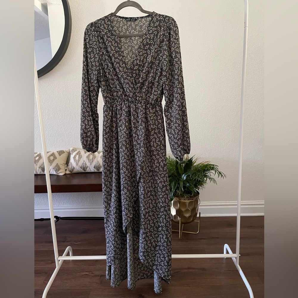 Ditsy Floral Surplice Neck Asymmetrical Hem Dress